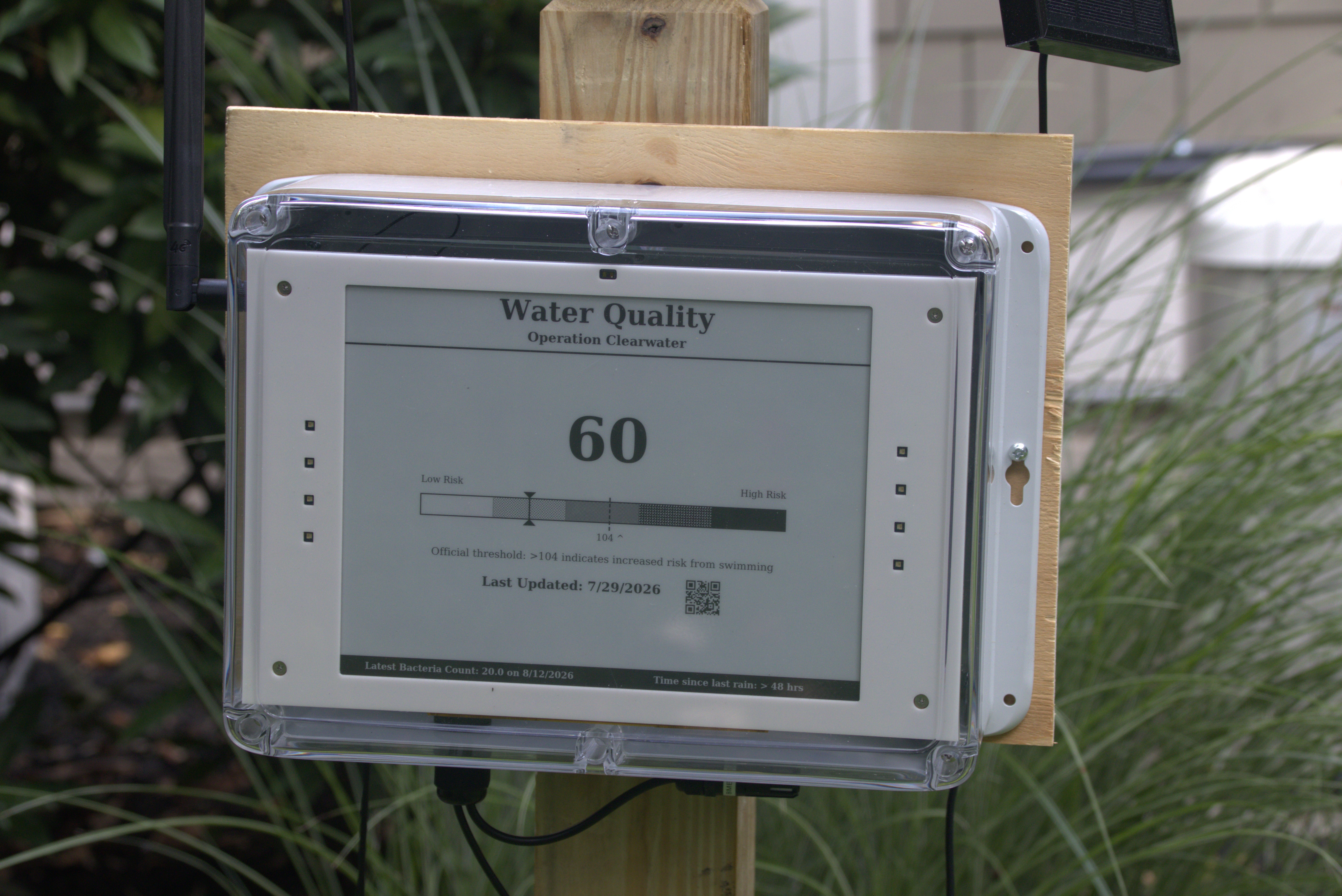 Sunscene S10 displaying a Water Quality dashboard for Operation Clearwater with bacteria count and risk gauge