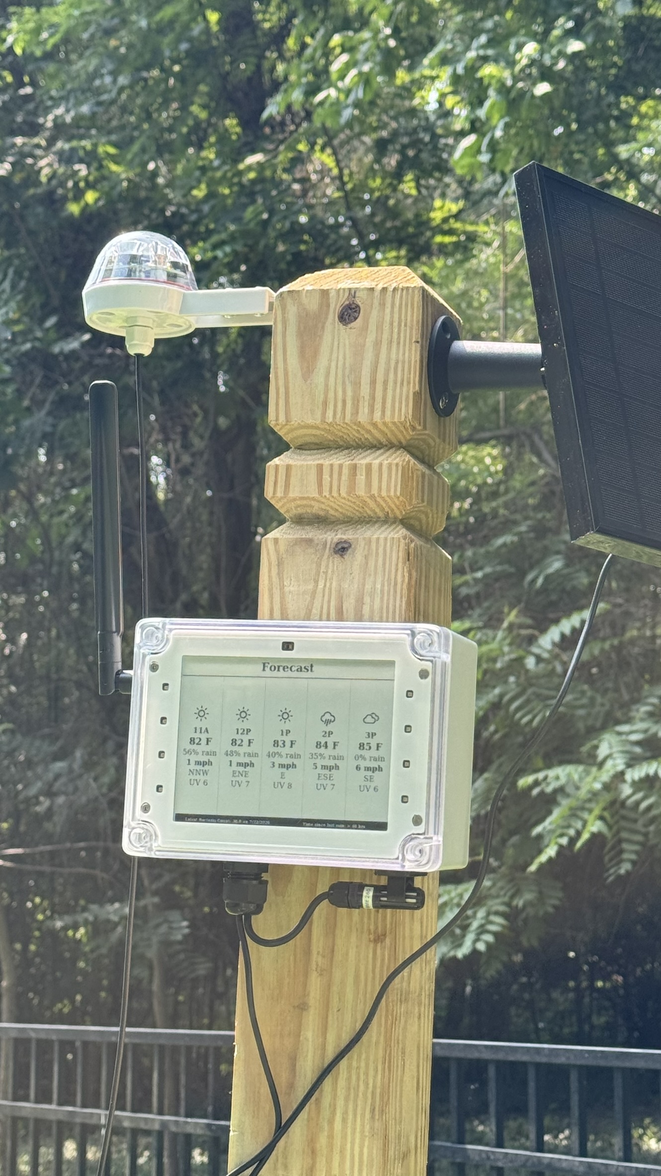 Sunscene S5 system on post with solar panel and rain gauge, showing hourly forecast